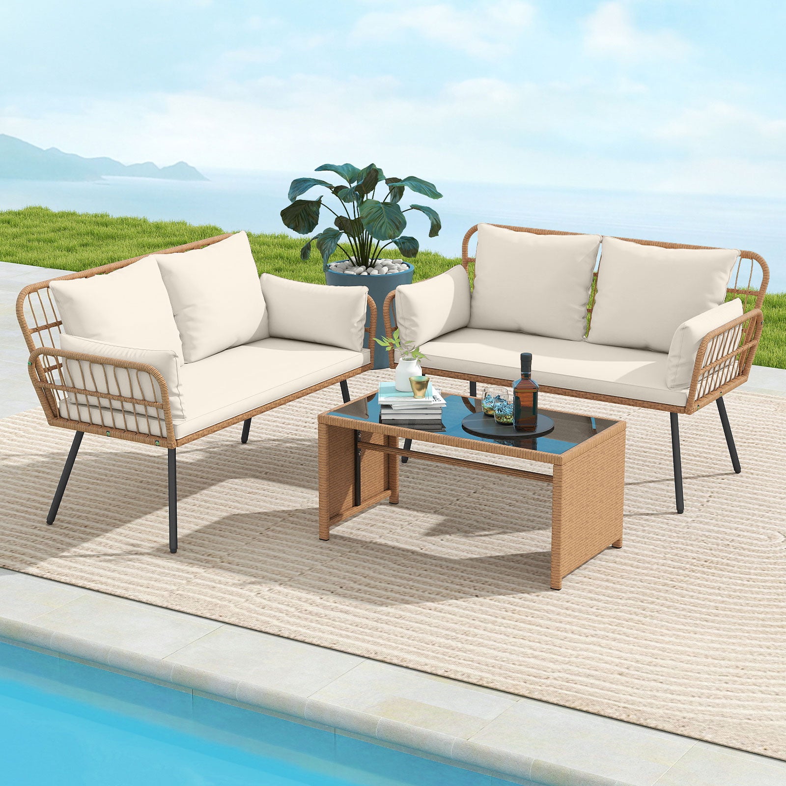 Outdoor Rattan 2-Seat Chair with Seat Back Cushions and Heavy-Duty Metal Legs, Off White Outdoor Chaise Lounges at Gallery Canada