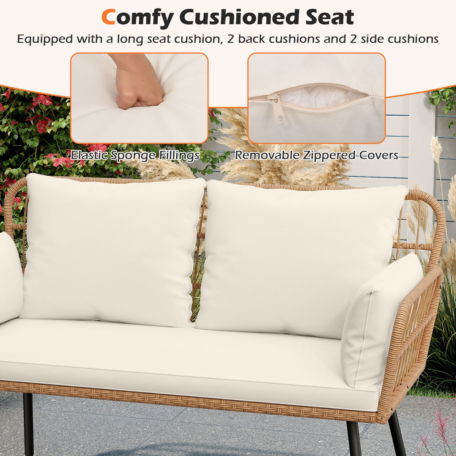 Outdoor Rattan 2-Seat Chair with Seat Back Cushions and Heavy-Duty Metal Legs, Off White Outdoor Chaise Lounges at Gallery Canada