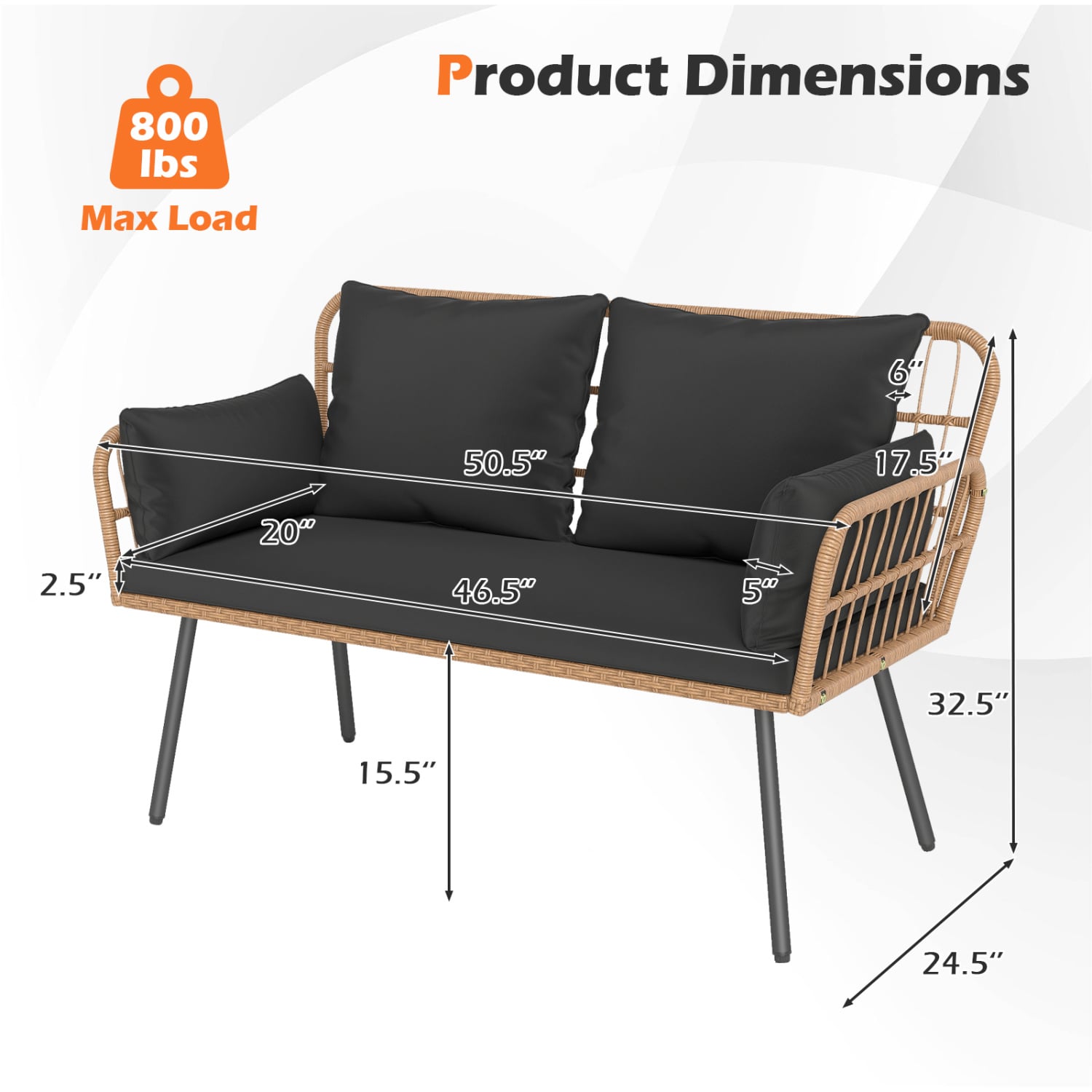 Outdoor Rattan 2-Seat Chair with Seat Back Cushions and Heavy-Duty Metal Legs, Black Outdoor Chaise Lounges at Gallery Canada