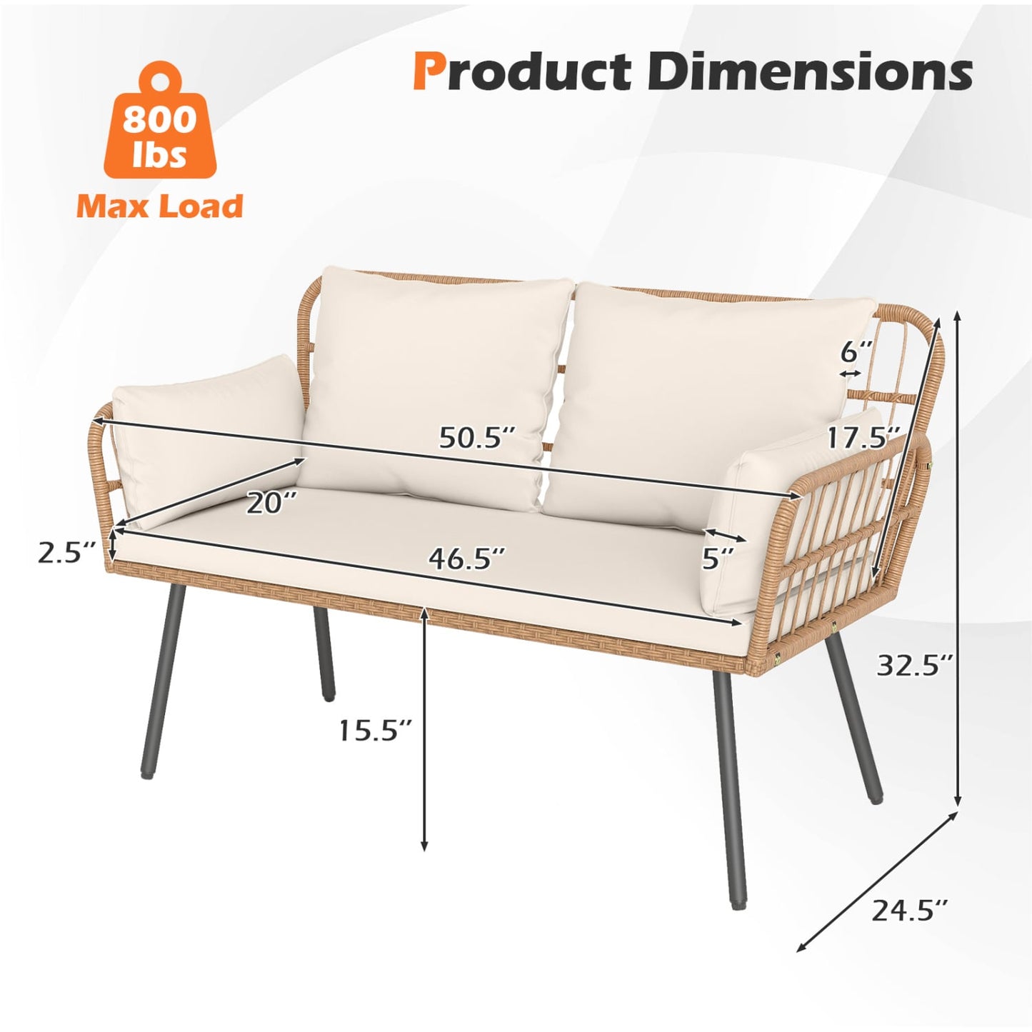 Outdoor Rattan 2-Seat Chair with Seat Back Cushions and Heavy-Duty Metal Legs, Off White Outdoor Chaise Lounges at Gallery Canada