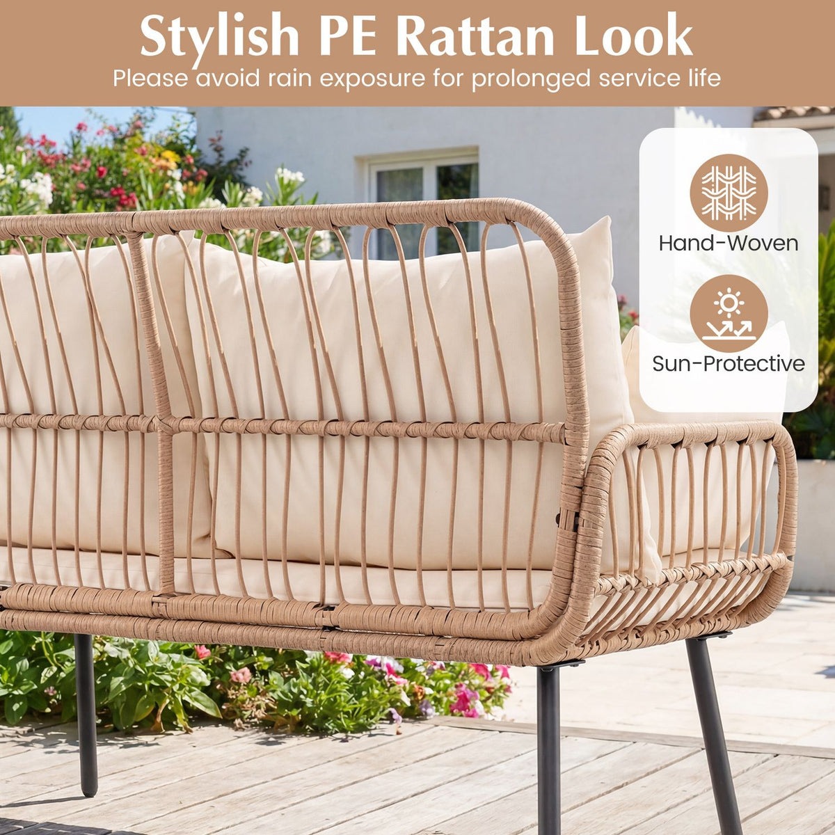 Chaise d'extérieur en rotin 2 places, coussins, pieds en métal, blanc cassé