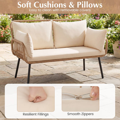 Chaise d'extérieur en rotin 2 places, coussins, pieds en métal, blanc cassé