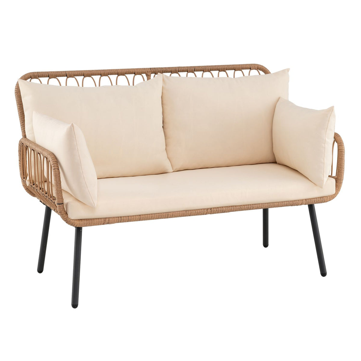 Chaise d'extérieur en rotin 2 places, coussins, pieds en métal, blanc cassé