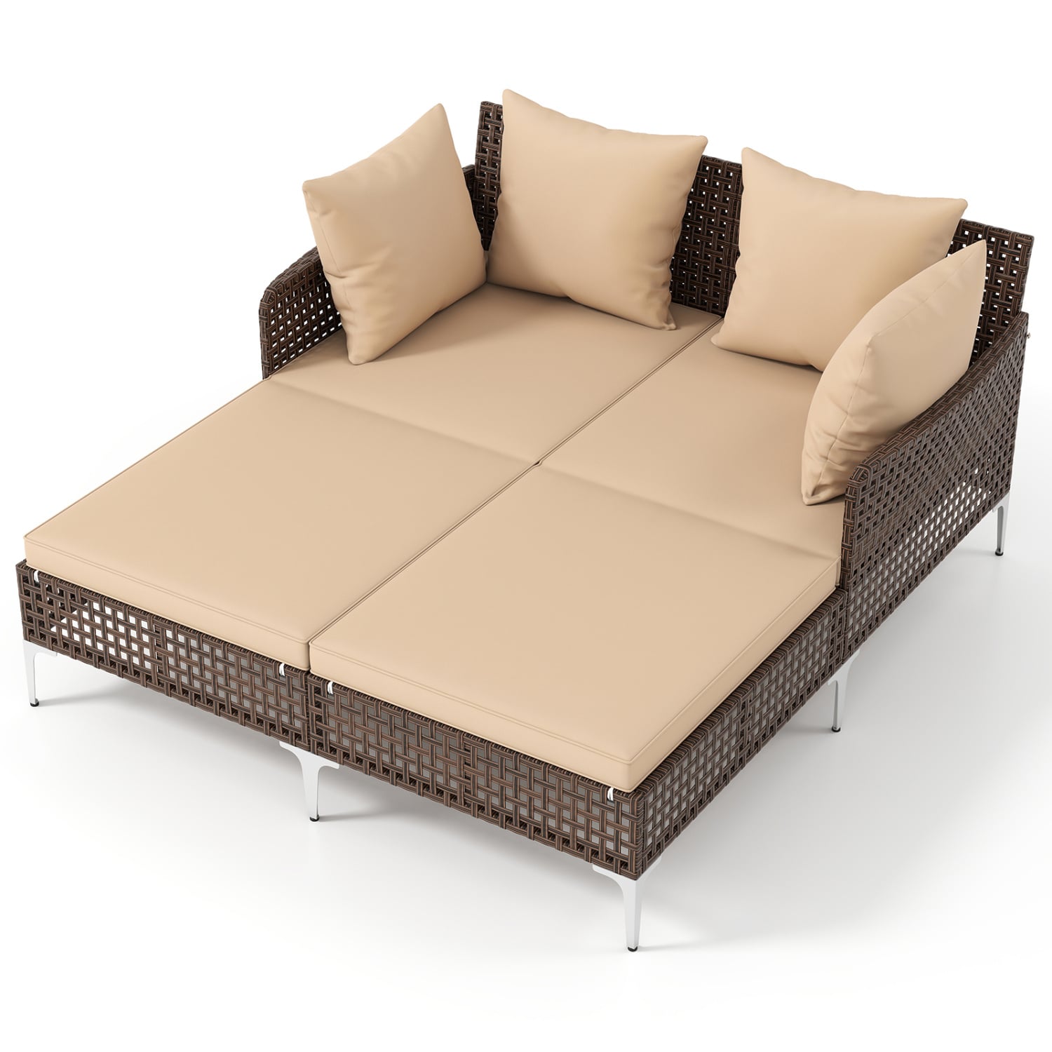 Outdoor Rattan Double Daybed Wicker Chaise Lounge, Brown Outdoor Chaise Lounges Brown at Gallery Canada