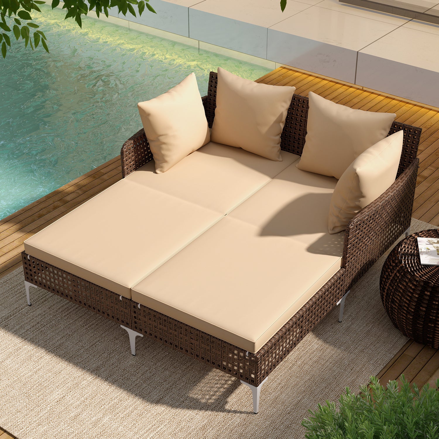 Outdoor Rattan Double Daybed Wicker Chaise Lounge, Brown Outdoor Chaise Lounges at Gallery Canada