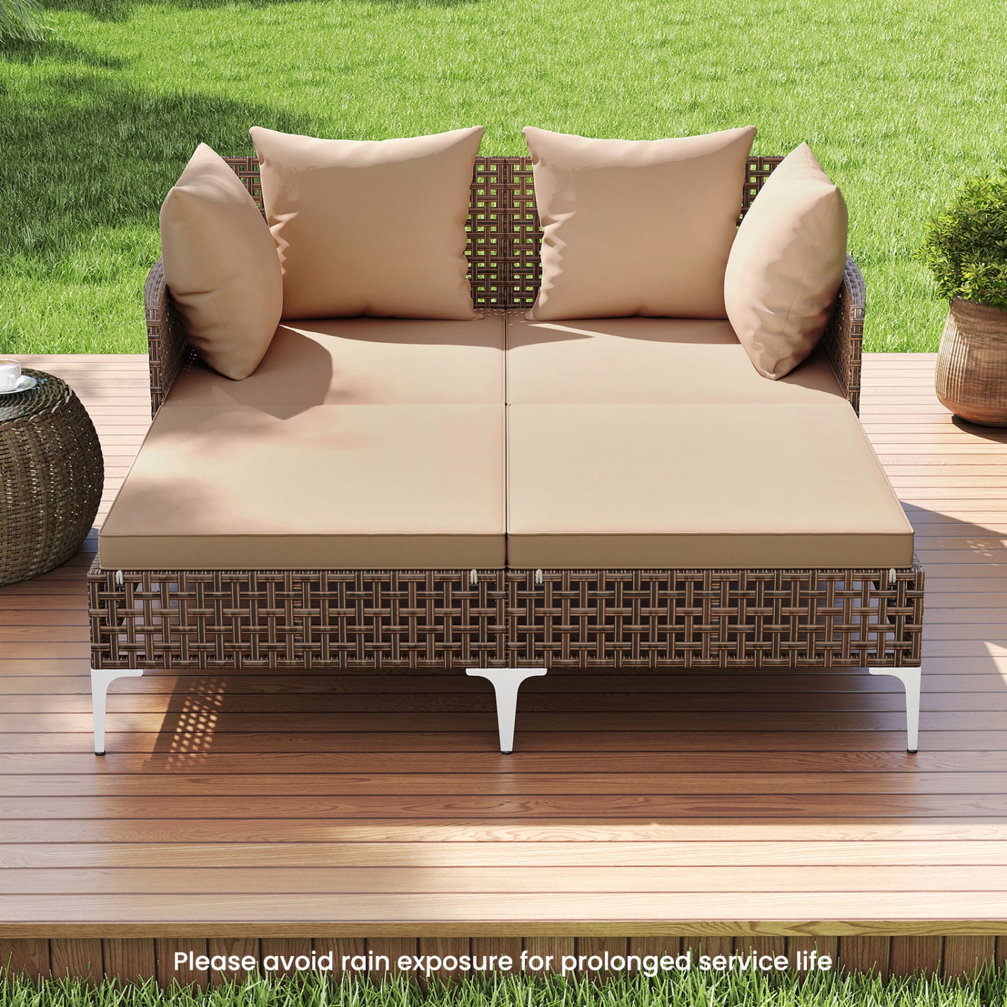 Outdoor Rattan Double Daybed Wicker Chaise Lounge, Brown Outdoor Chaise Lounges at Gallery Canada