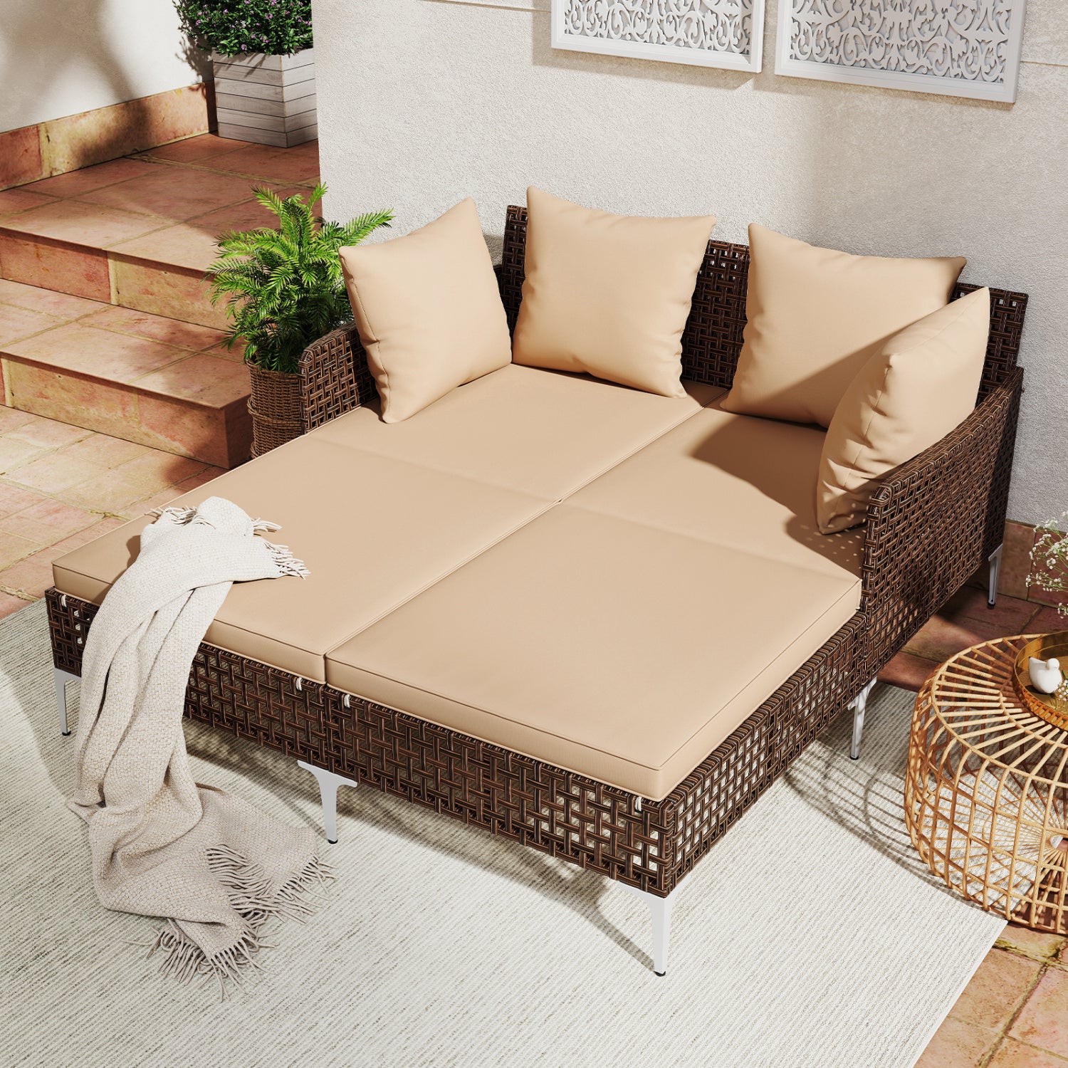 Outdoor Rattan Double Daybed Wicker Chaise Lounge, Brown Outdoor Chaise Lounges at Gallery Canada