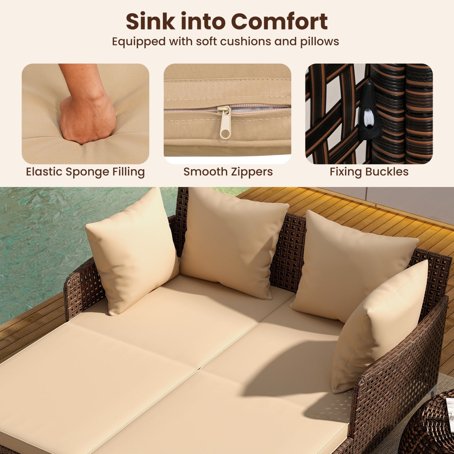 Outdoor Rattan Double Daybed Wicker Chaise Lounge, Brown Outdoor Chaise Lounges at Gallery Canada