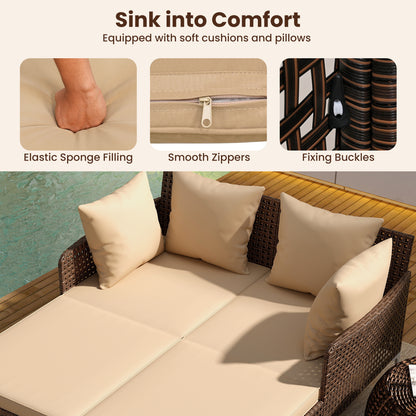 Outdoor Rattan Double Daybed Wicker Chaise Lounge, Brown Outdoor Chaise Lounges at Gallery Canada