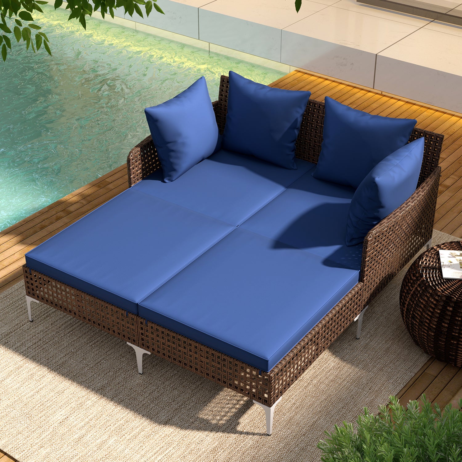 Outdoor Rattan Double Daybed Wicker Chaise Lounge, Navy Outdoor Chaise Lounges at Gallery Canada