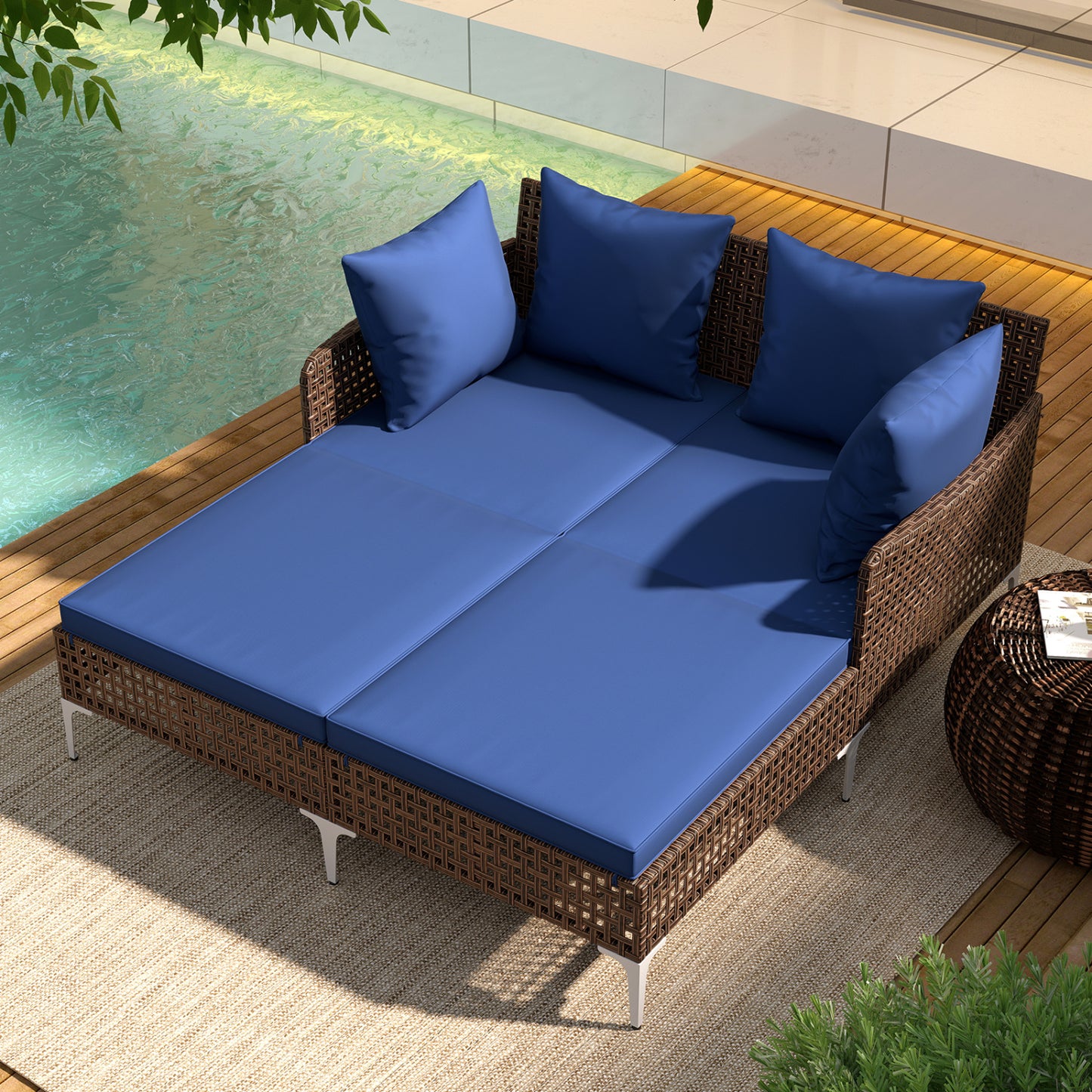 Outdoor Rattan Double Daybed Wicker Chaise Lounge, Navy Outdoor Chaise Lounges at Gallery Canada