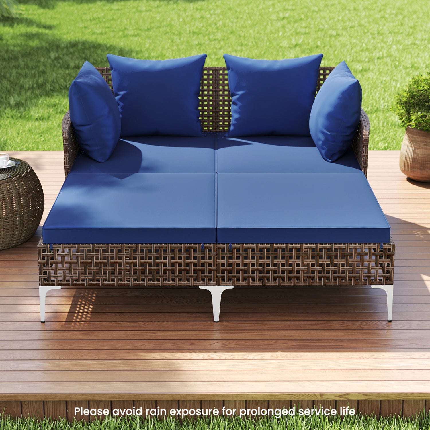 Outdoor Rattan Double Daybed Wicker Chaise Lounge, Navy Outdoor Chaise Lounges at Gallery Canada