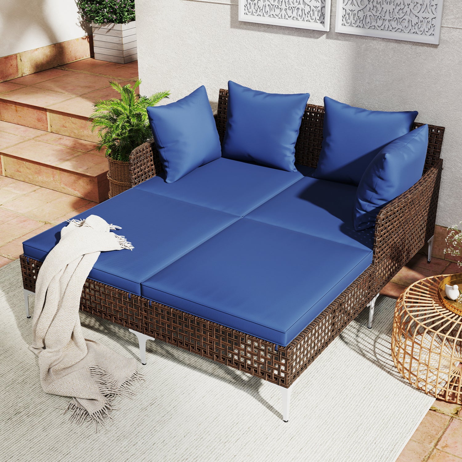 Outdoor Rattan Double Daybed Wicker Chaise Lounge, Navy Outdoor Chaise Lounges at Gallery Canada