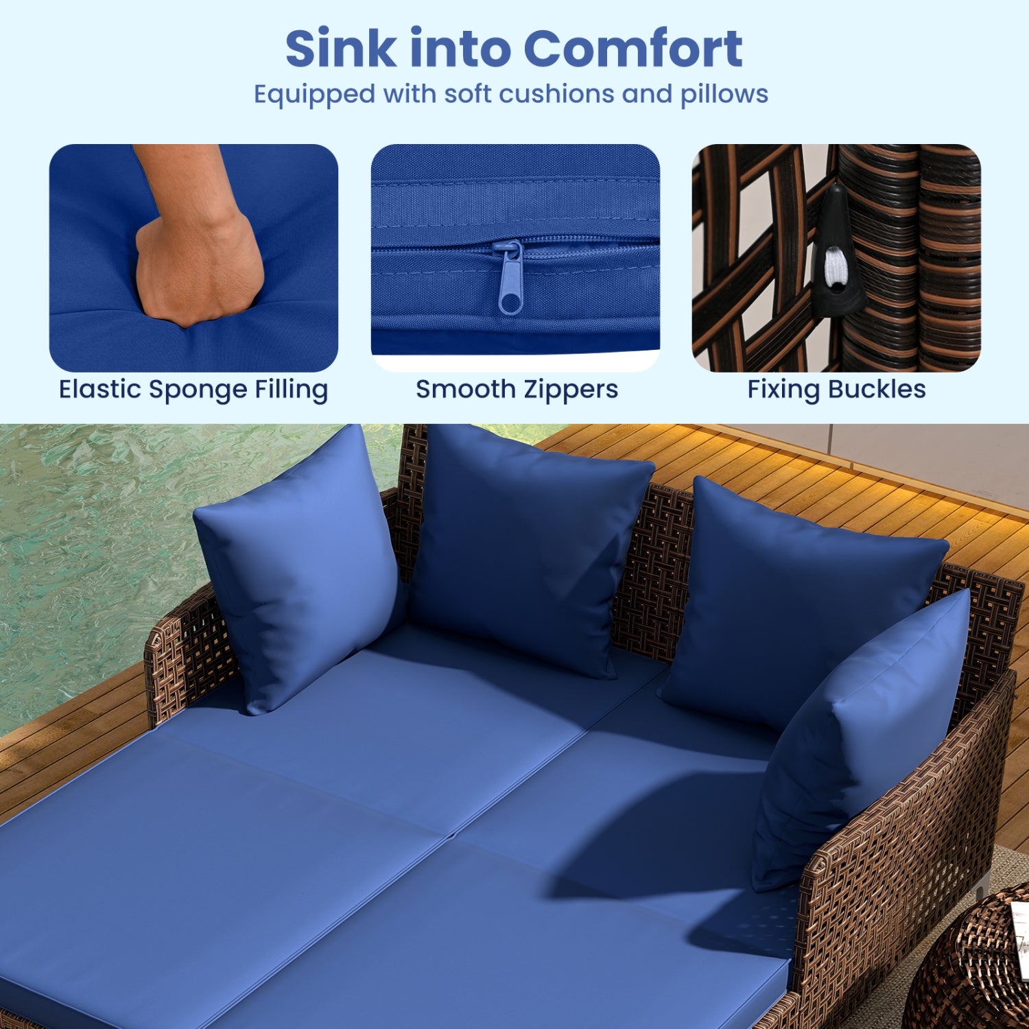 Outdoor Rattan Double Daybed Wicker Chaise Lounge, Navy Outdoor Chaise Lounges at Gallery Canada