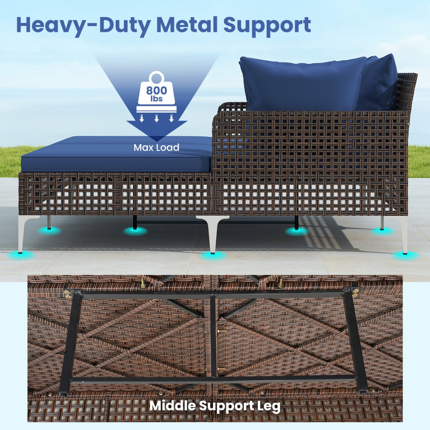 Outdoor Rattan Double Daybed Wicker Chaise Lounge, Navy Outdoor Chaise Lounges at Gallery Canada