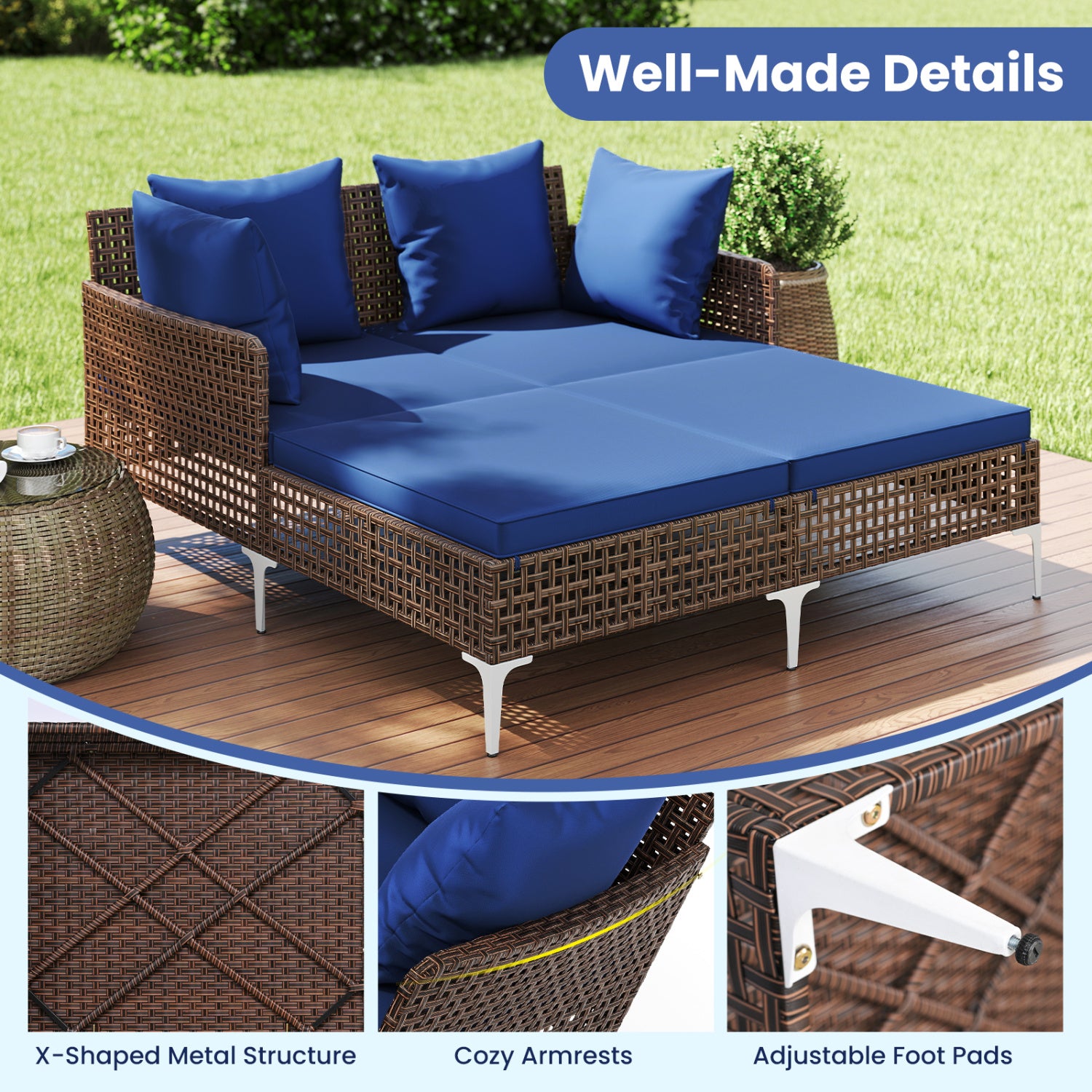 Outdoor Rattan Double Daybed Wicker Chaise Lounge, Navy Outdoor Chaise Lounges at Gallery Canada