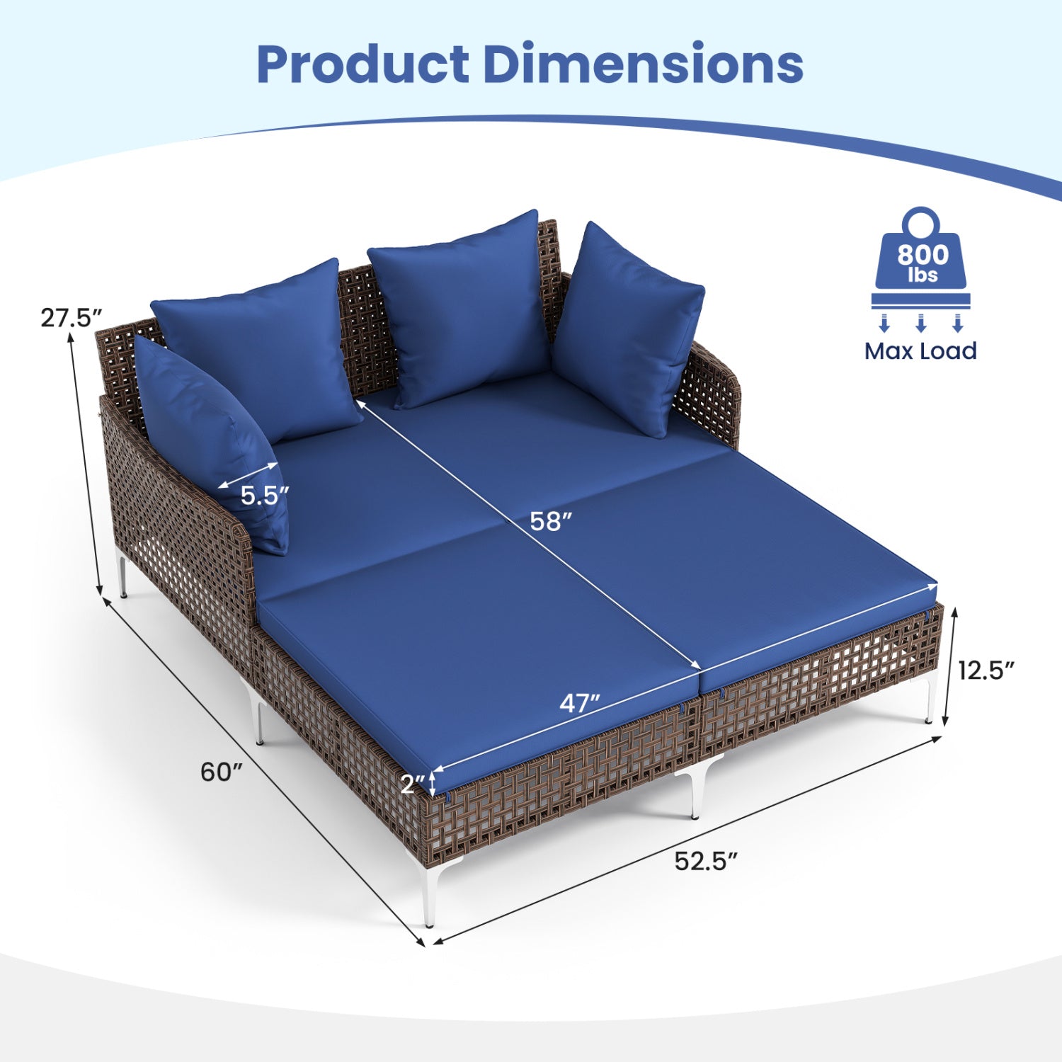 Outdoor Rattan Double Daybed Wicker Chaise Lounge, Navy Outdoor Chaise Lounges at Gallery Canada