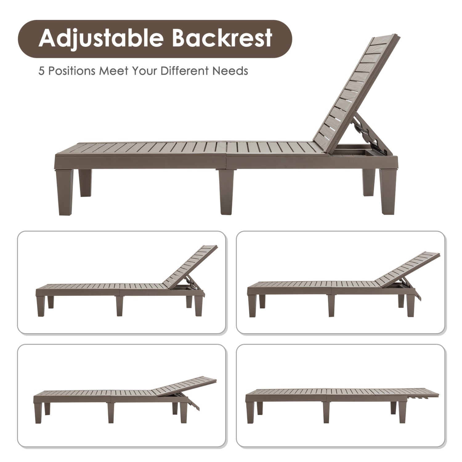 Outdoor Recliner Chair, 5-Position Adjustable Backrest, Brown Outdoor Chaise Lounges at Gallery Canada