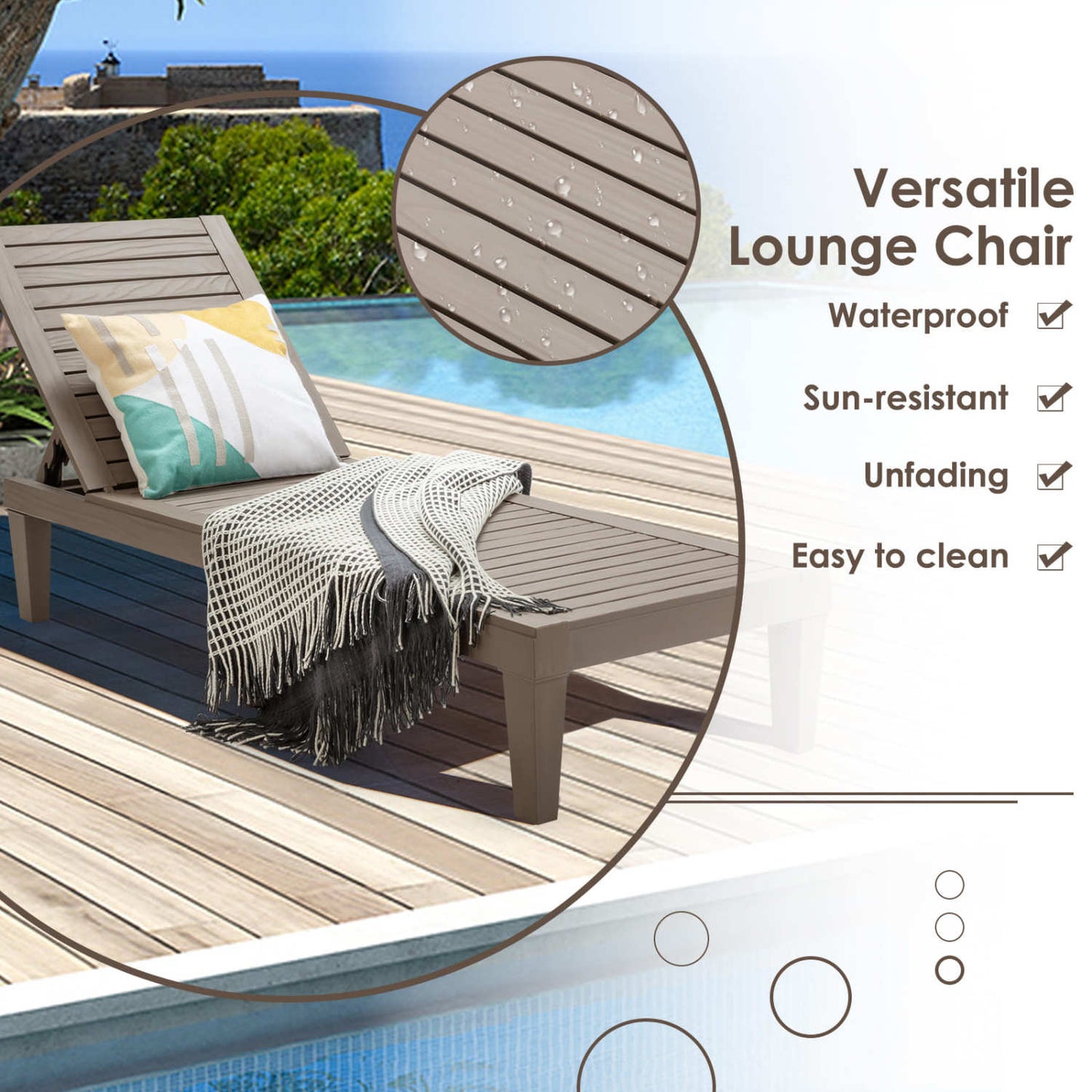Outdoor Recliner Chair, 5-Position Adjustable Backrest, Brown Outdoor Chaise Lounges at Gallery Canada