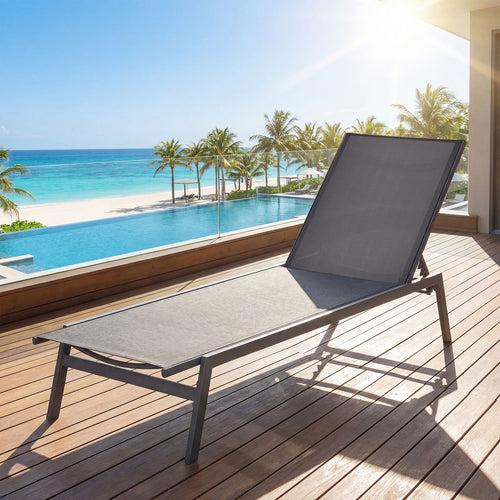 Outdoor Reclining Chaise Lounge Chair, 6-Position Adjustable Back, Gray