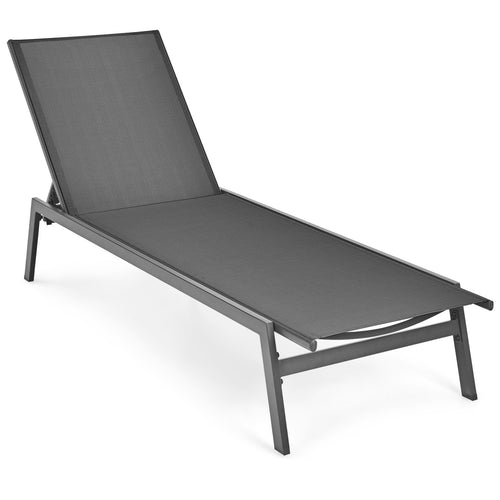 Outdoor Reclining Chaise Lounge Chair, 6-Position Adjustable Back, Gray