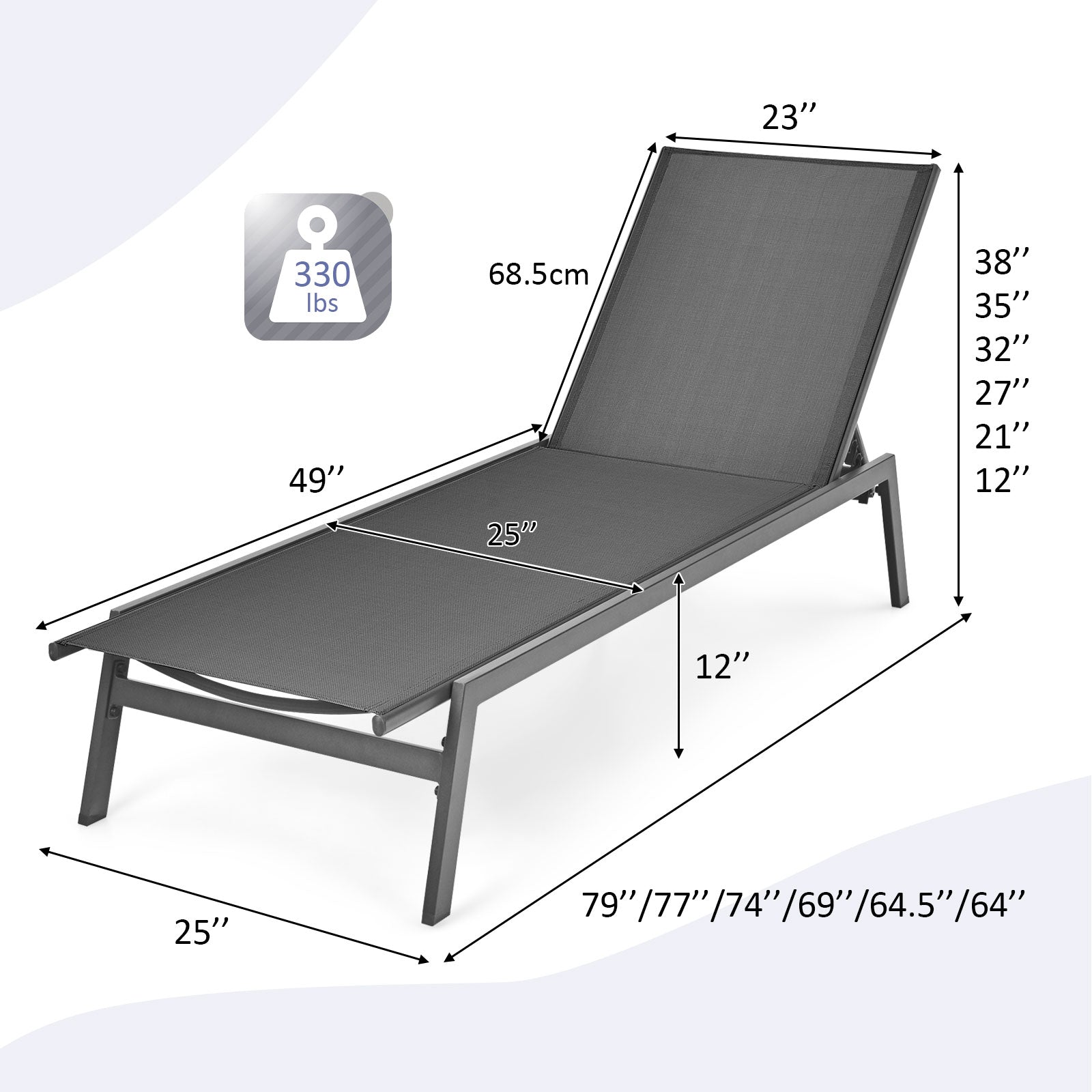 Outdoor Reclining Chaise Lounge Chair, 6-Position Adjustable Back, Gray Outdoor Chaise Lounges at Gallery Canada