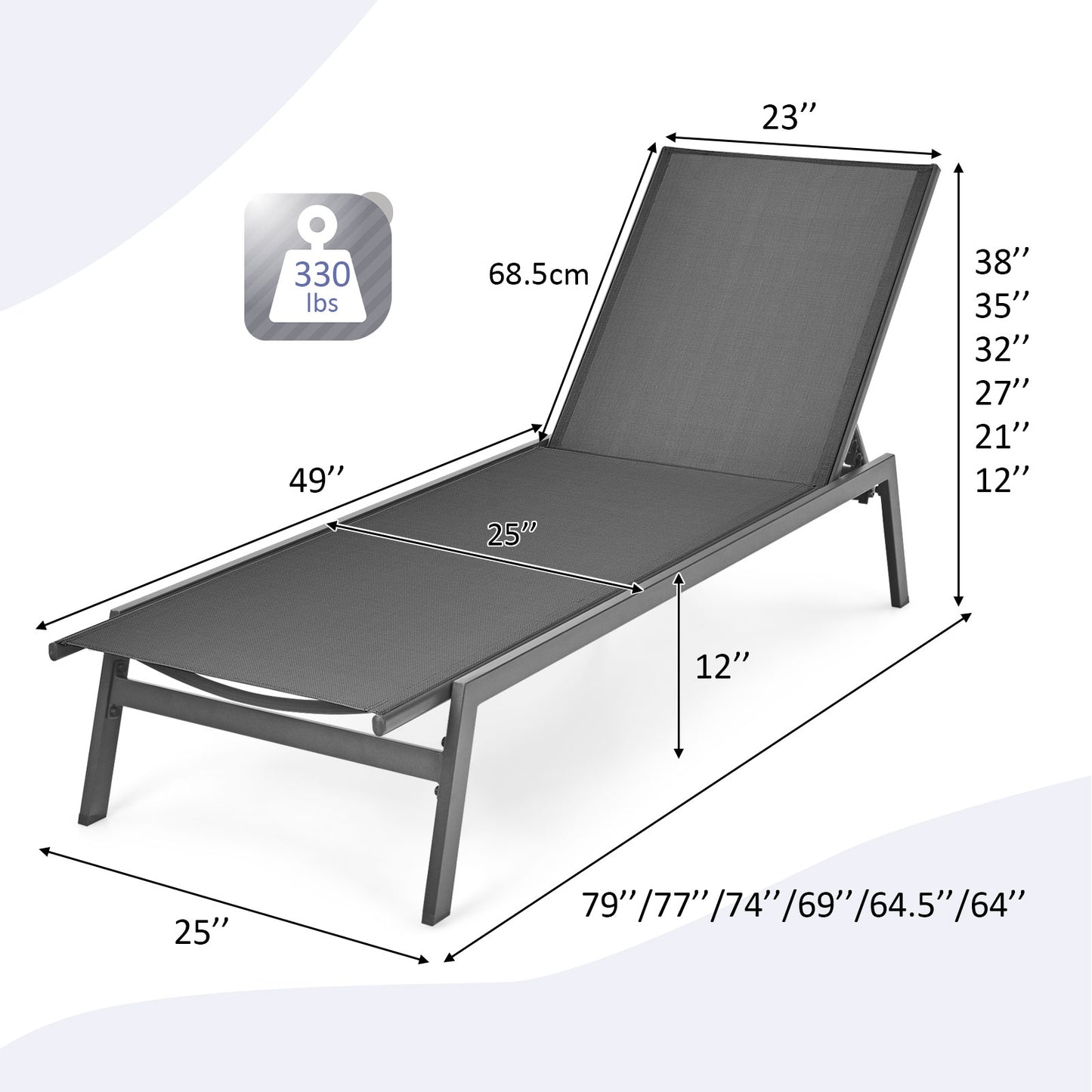 Outdoor Reclining Chaise Lounge Chair, 6-Position Adjustable Back, Gray Outdoor Chaise Lounges at Gallery Canada