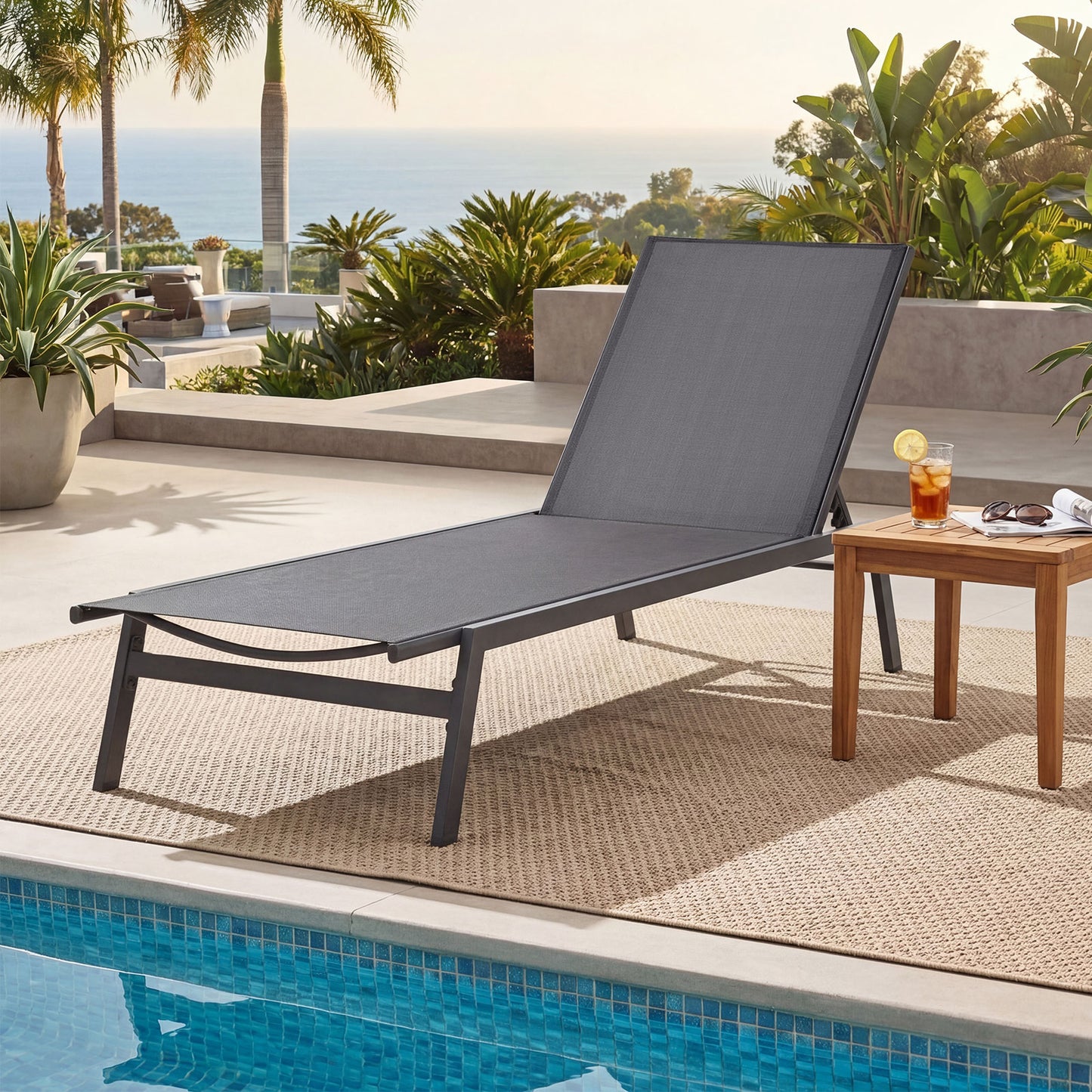 Outdoor Reclining Chaise Lounge Chair, 6-Position Adjustable Back, Gray Outdoor Chaise Lounges at Gallery Canada