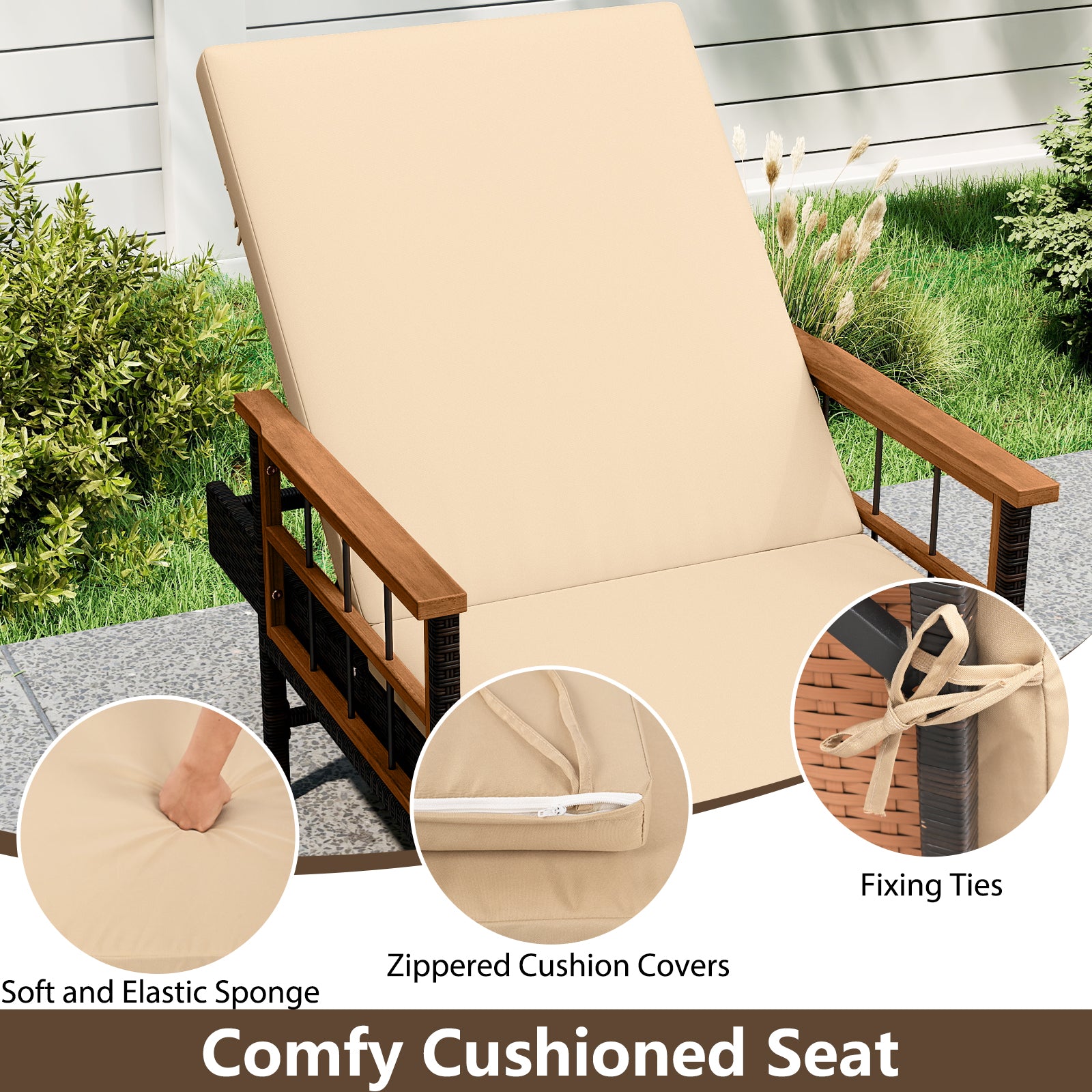 Outdoor Reclining Lounger Chair with 4-Level Adjustable Backrest-WH, Beige Outdoor Chaise Lounges at Gallery Canada