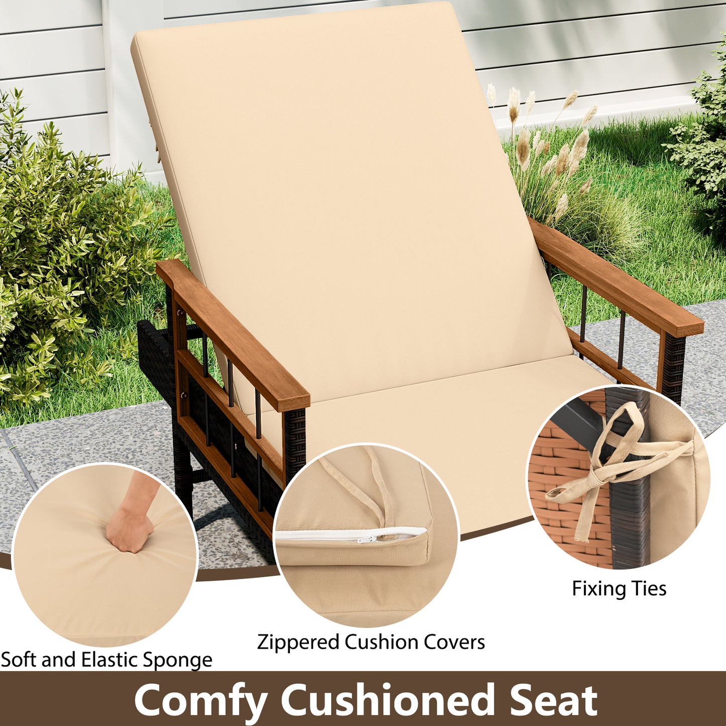 Outdoor Reclining Lounger Chair with 4-Level Adjustable Backrest-WH, Beige Outdoor Chaise Lounges at Gallery Canada