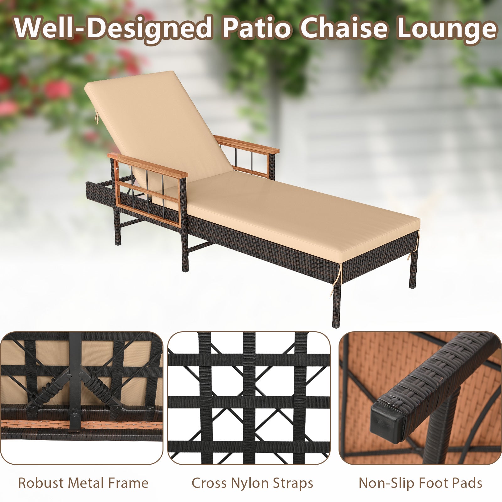 Outdoor Reclining Lounger Chair with 4-Level Adjustable Backrest-WH, Beige Outdoor Chaise Lounges at Gallery Canada