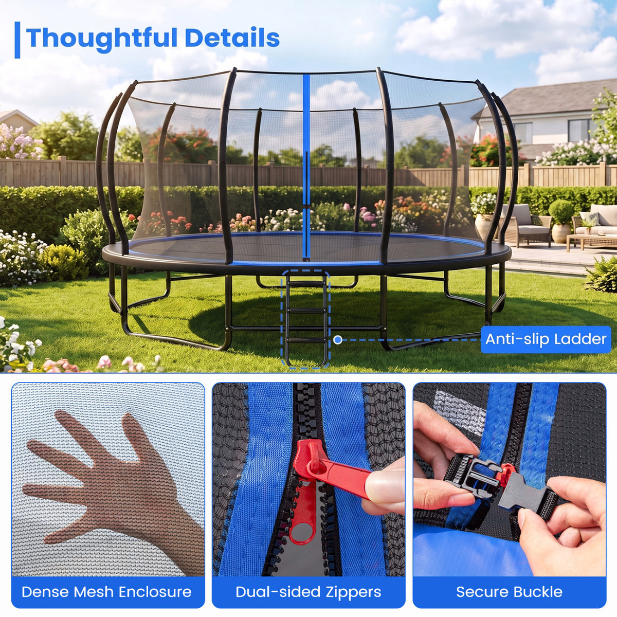 Trampoline extérieur rond géant avec filet d'enceinte, bleu
