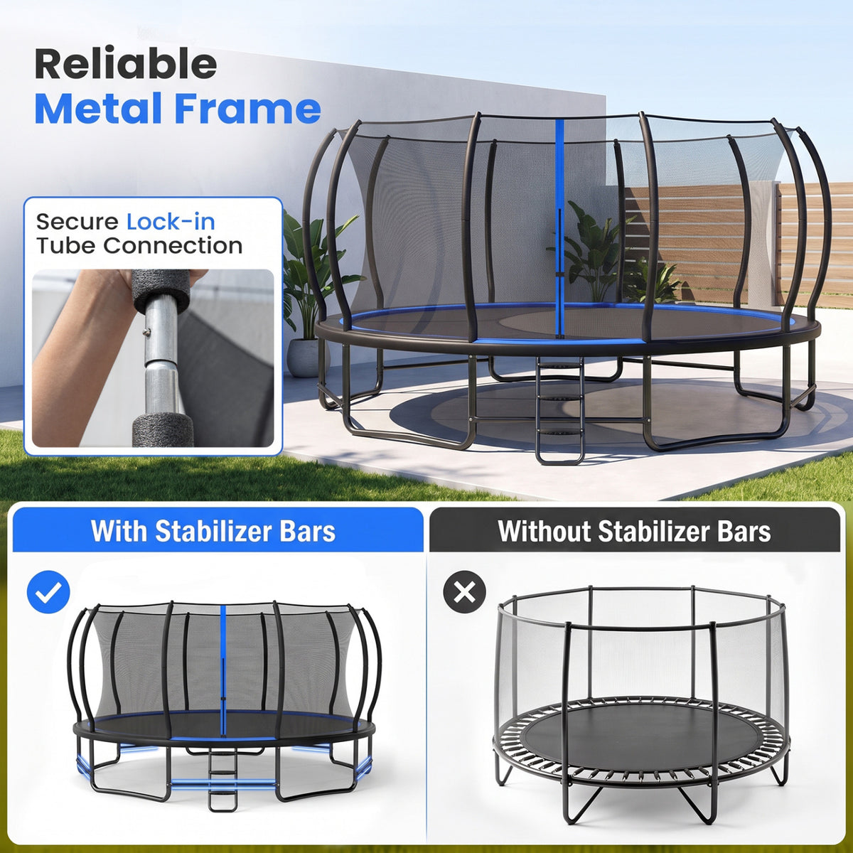 Trampoline extérieur rond géant avec filet d'enceinte, bleu