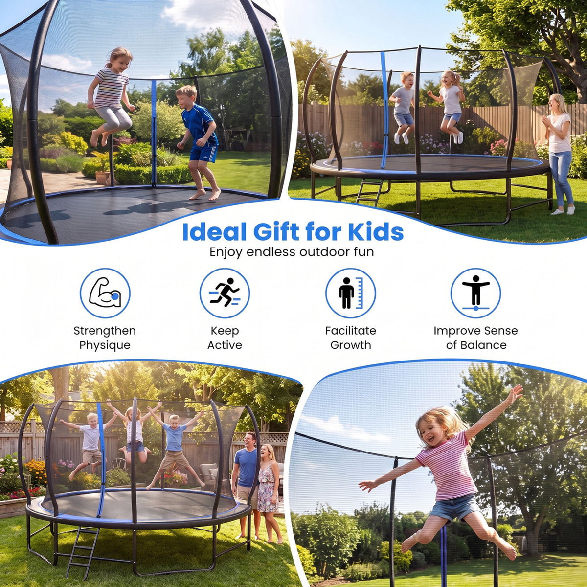 Trampoline extérieur rond géant avec filet d'enceinte, bleu