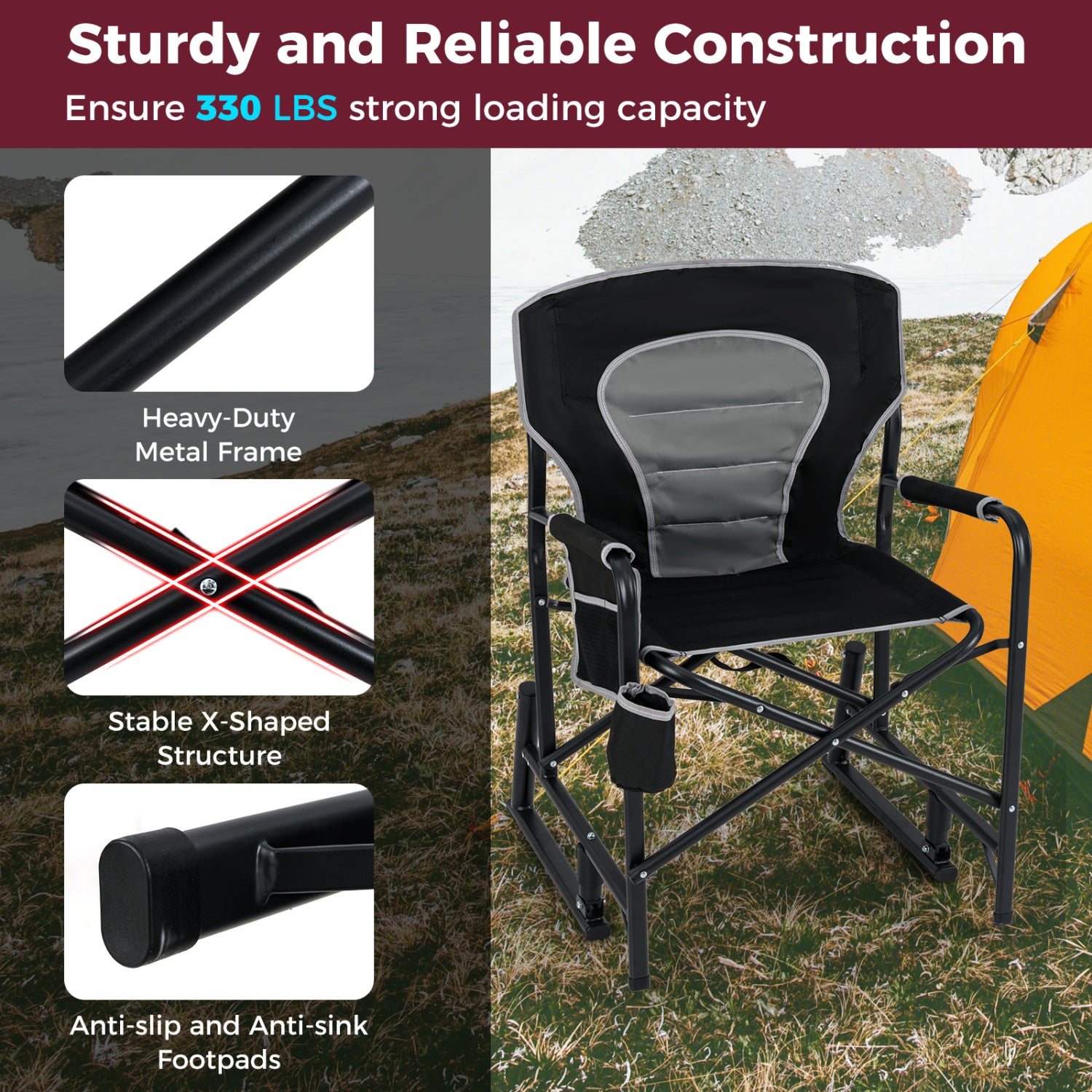 Outdoor Rocker Camping Chair, Dual Springs, Padded Back, Black Camping Furniture at Gallery Canada