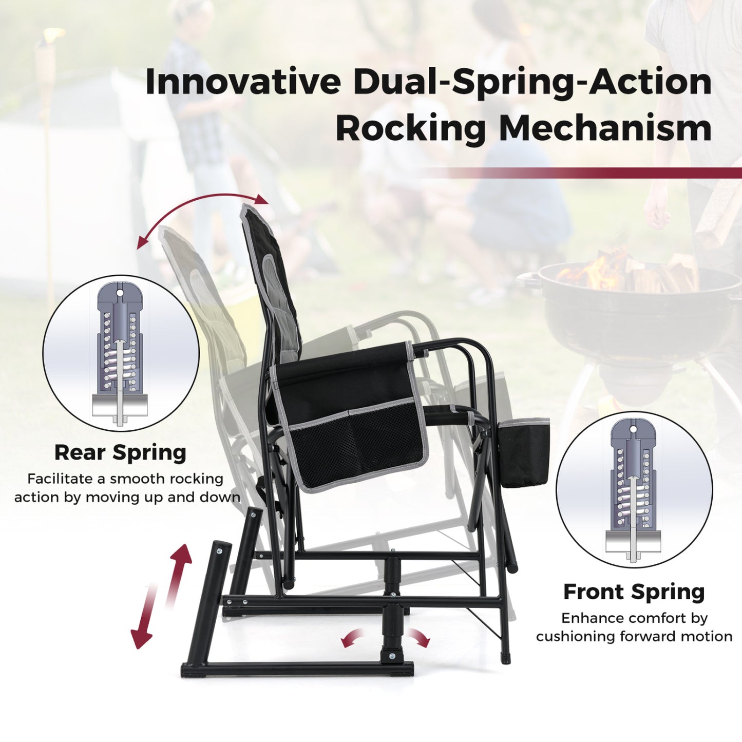 Outdoor Rocker Camping Chair, Dual Springs, Padded Back, Black Camping Furniture at Gallery Canada