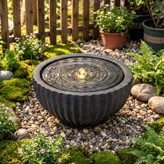 Outdoor Round Sphere Water Fountain With LED Lights, Pump, Gray Outdoor Decor Gray at Gallery Canada