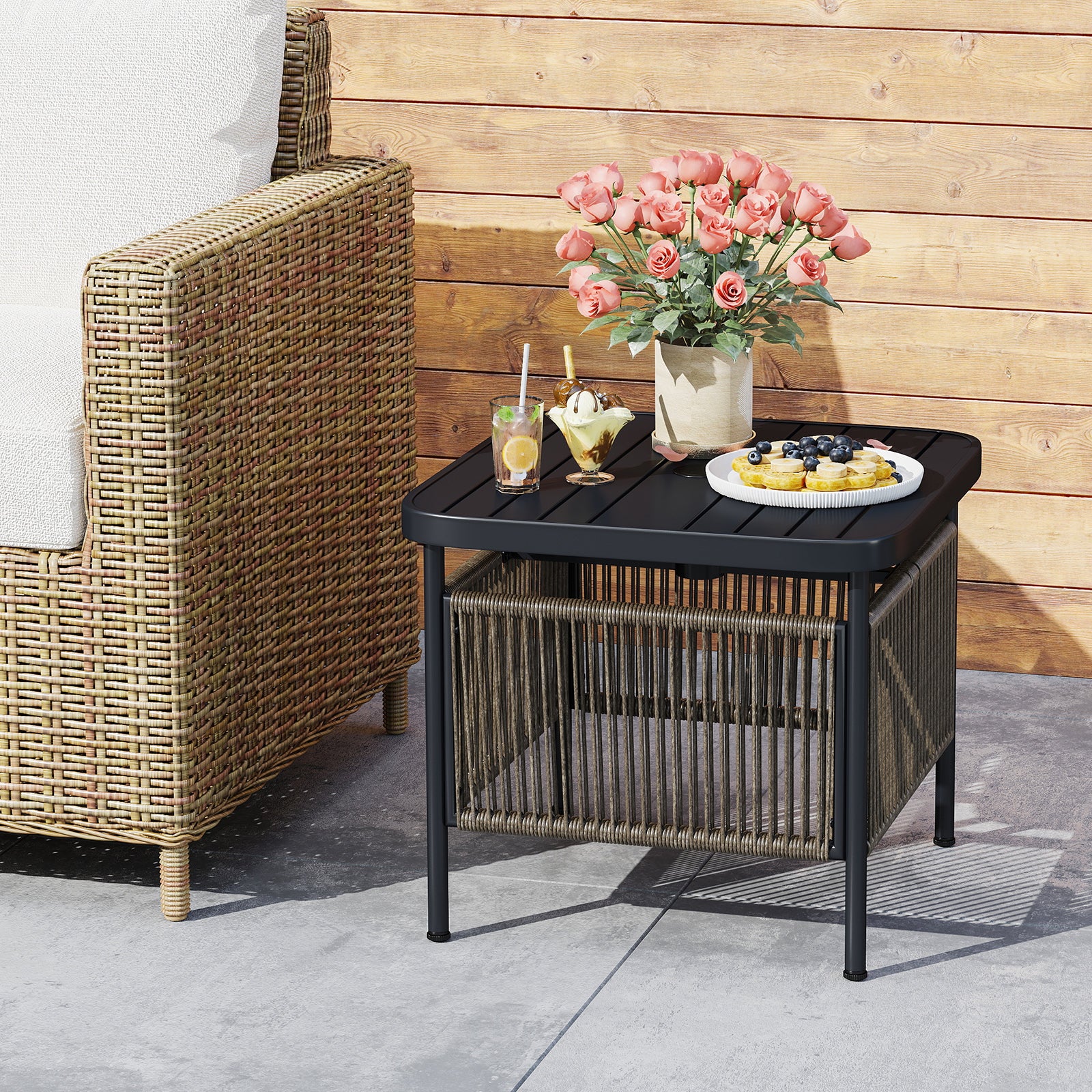 Outdoor Side Table with Umbrella Hole and Storage Shelf, Black Patio Coffee Tables at Gallery Canada