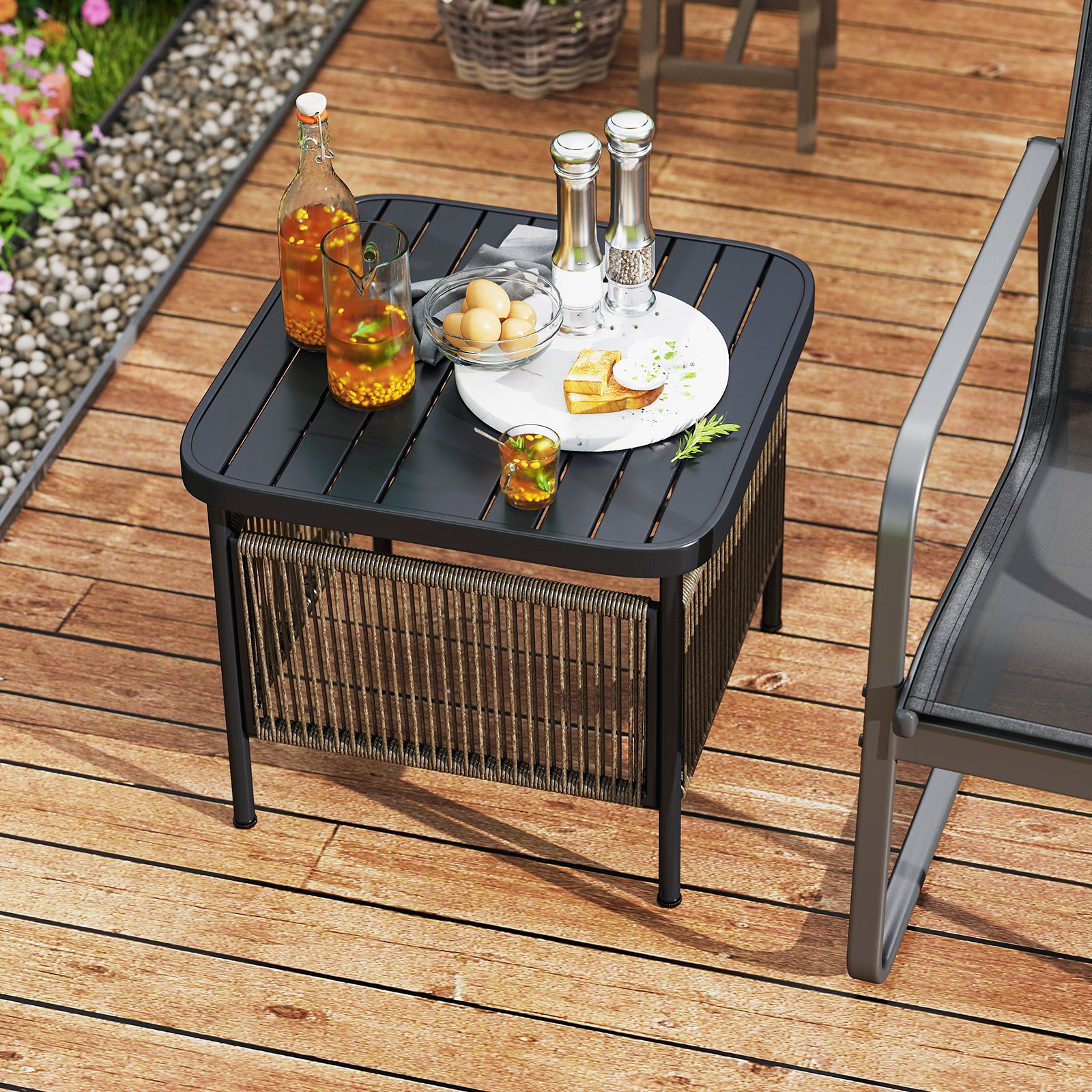 Outdoor Side Table with Umbrella Hole and Storage Shelf, Black Patio Coffee Tables at Gallery Canada