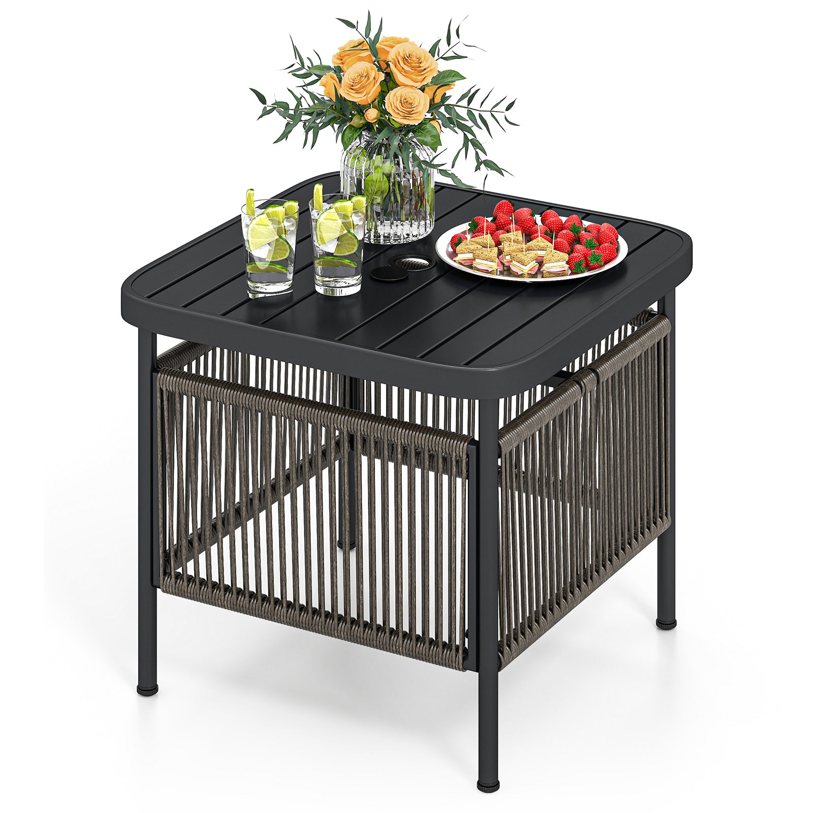 Outdoor Side Table with Umbrella Hole and Storage Shelf, Black Patio Coffee Tables Black at Gallery Canada
