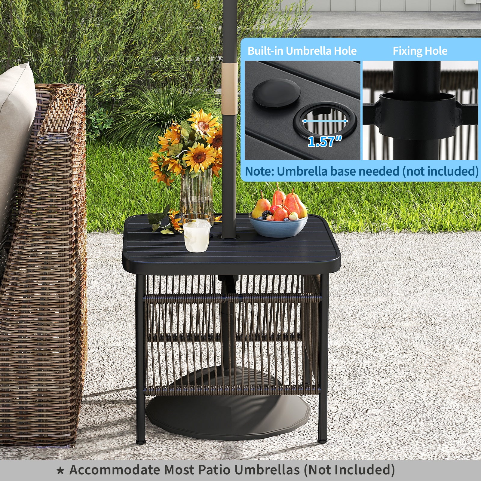 Outdoor Side Table with Umbrella Hole and Storage Shelf, Black Patio Coffee Tables at Gallery Canada