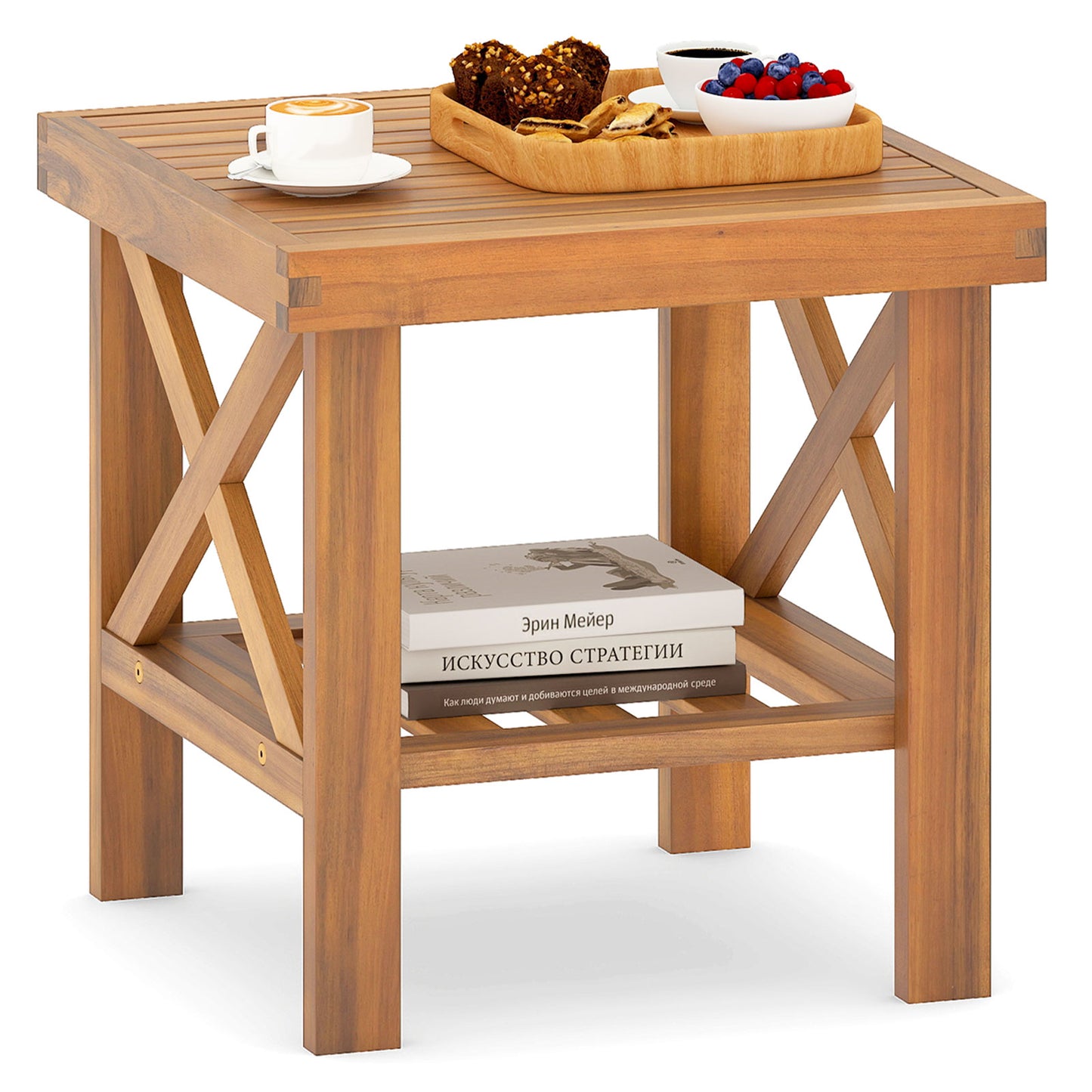 Outdoor Side Table with Storage Shelf for Small Space, Natural Patio Coffee Tables at Gallery Canada