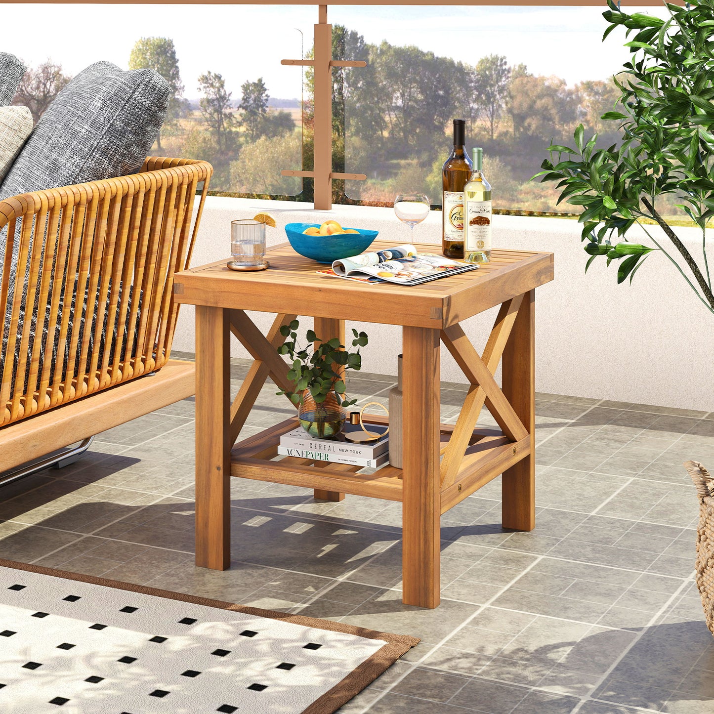 Outdoor Side Table with Storage Shelf for Small Space, Natural Patio Coffee Tables at Gallery Canada