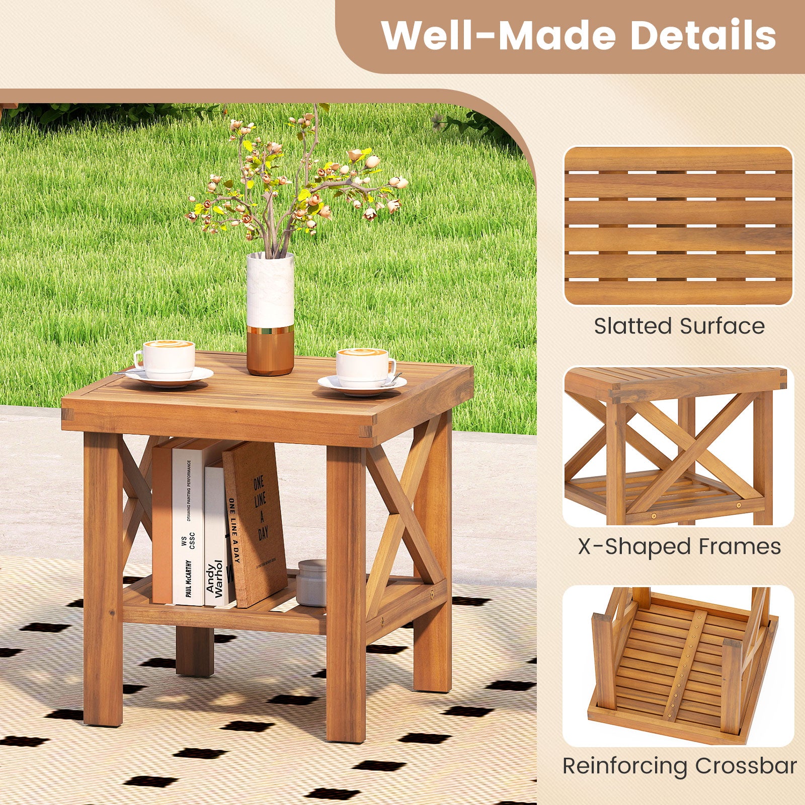 Outdoor Side Table with Storage Shelf for Small Space, Natural Patio Coffee Tables at Gallery Canada