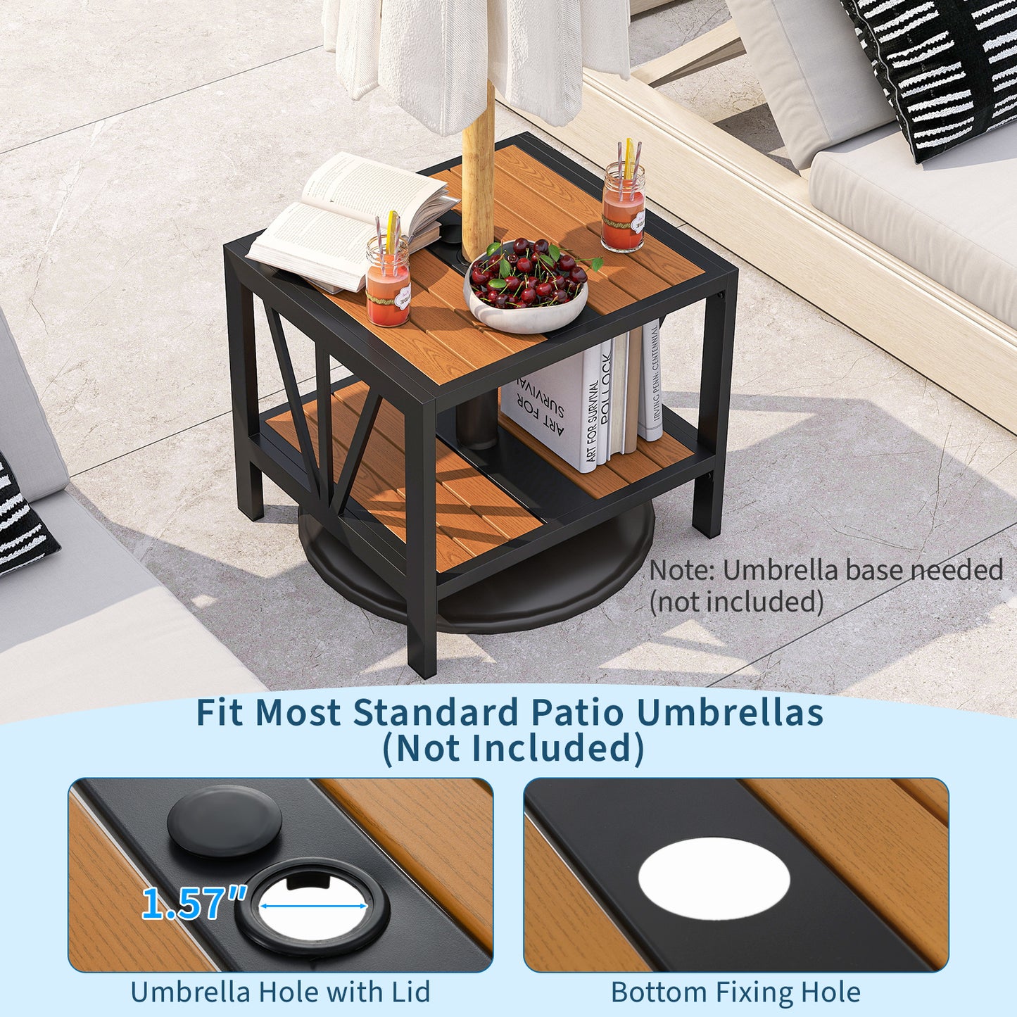 Outdoor Side Table with Umbrella Hole and Storage Shelf for Porch Patio Coffee Tables at Gallery Canada
