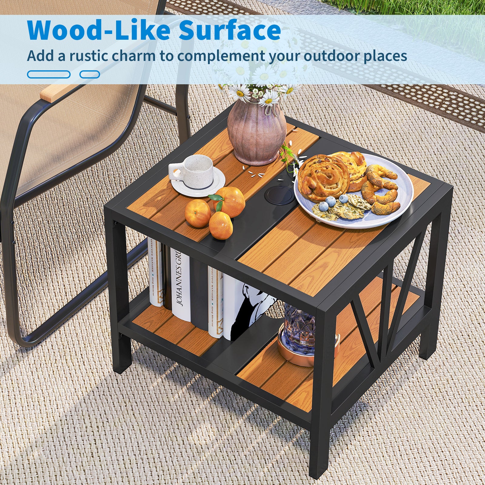Outdoor Side Table with Umbrella Hole and Storage Shelf for Porch Patio Coffee Tables at Gallery Canada