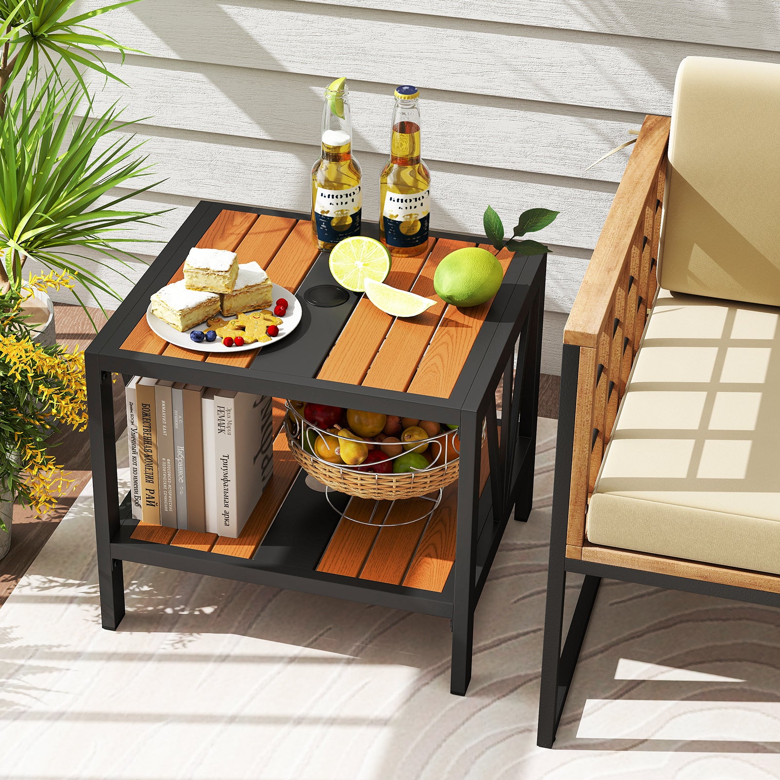 Outdoor Side Table with Umbrella Hole and Storage Shelf for Porch Patio Coffee Tables at Gallery Canada