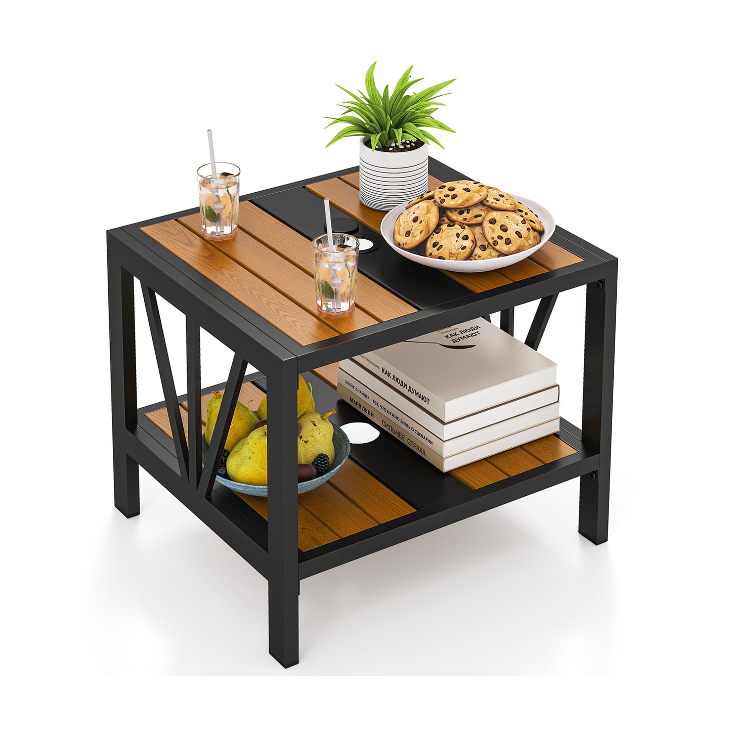 Outdoor Side Table with Umbrella Hole and Storage Shelf for Porch Patio Coffee Tables at Gallery Canada