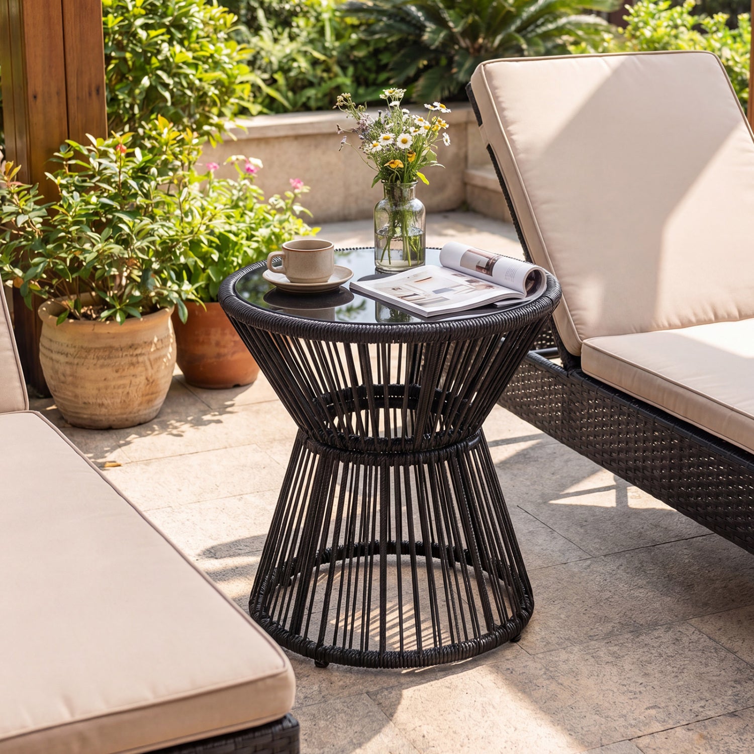 Outdoor Side Table, LED Warm Light, Tempered Glass Top, Black Patio Coffee Tables at Gallery Canada