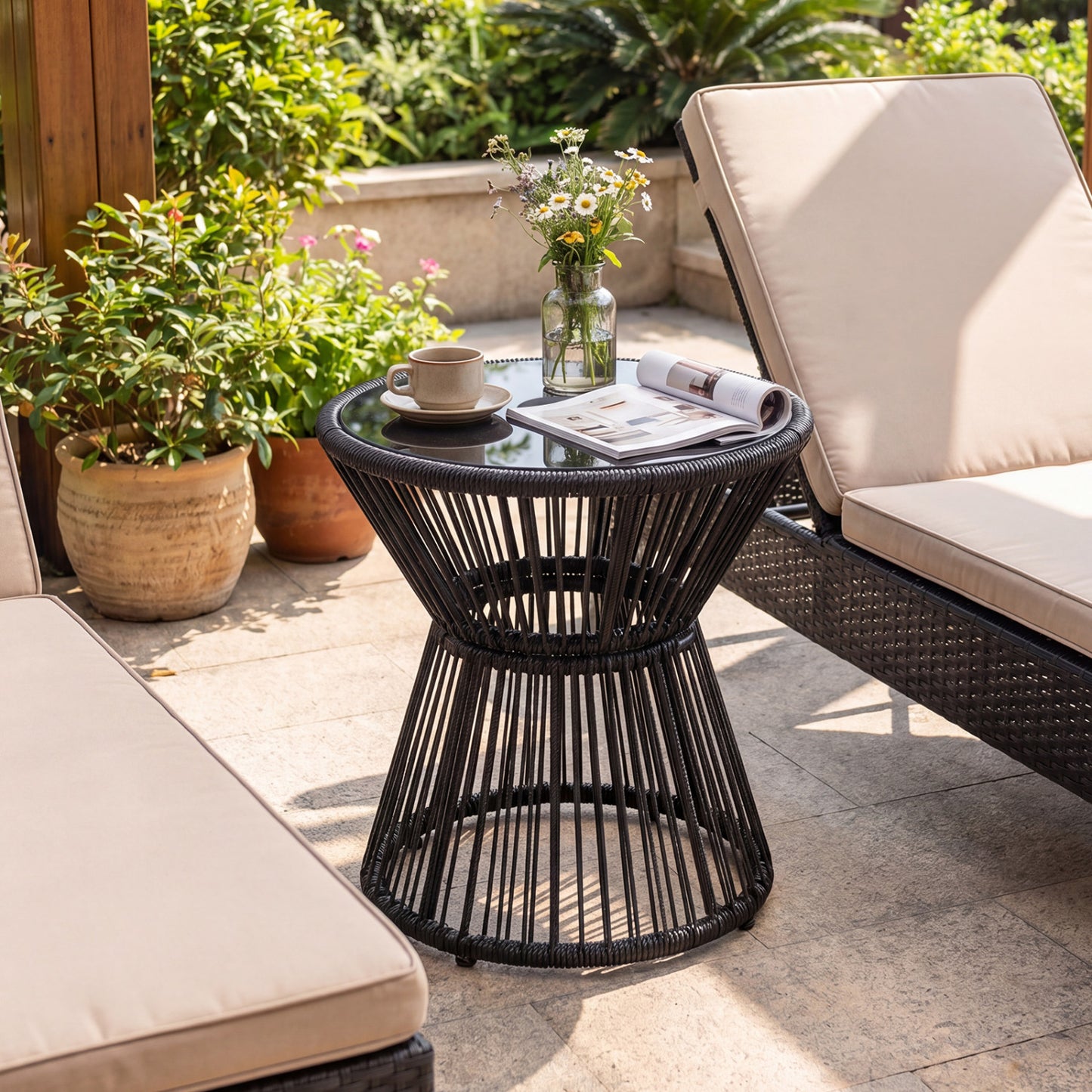 Outdoor Side Table, LED Warm Light, Tempered Glass Top, Black Patio Coffee Tables at Gallery Canada